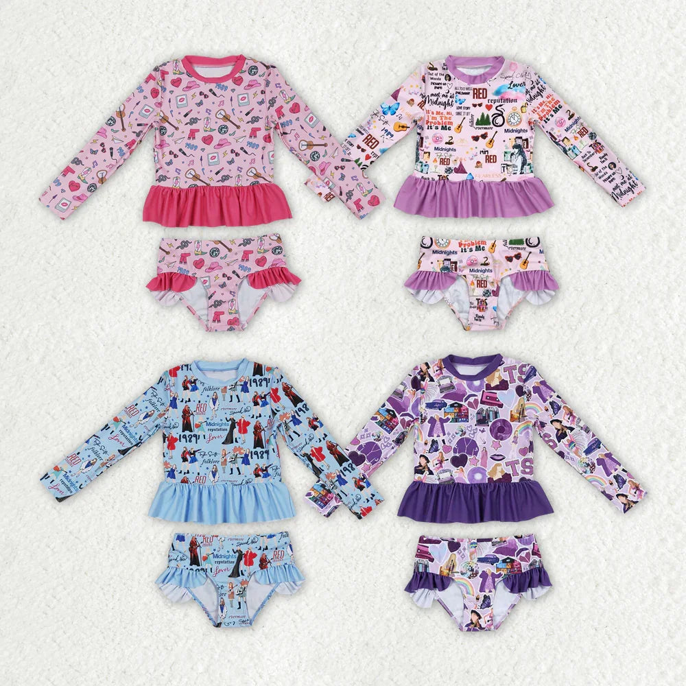 Fashion Baby Girls Swimwear Set Rash Guard Long Sleeve Bathers Kids