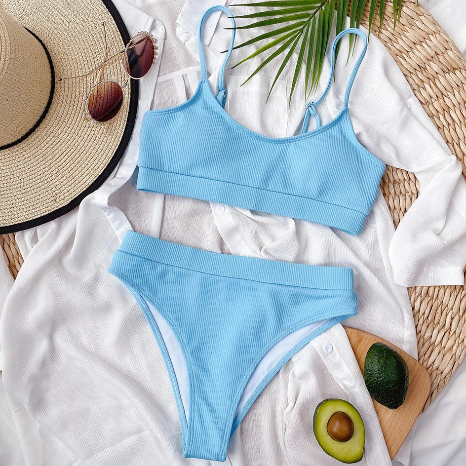High Waisted Bikini Swimwear Woman Swimsuit Female Ribbed Brazilian Push Up Bikinis Set Bathing Suit Women Beach Wear