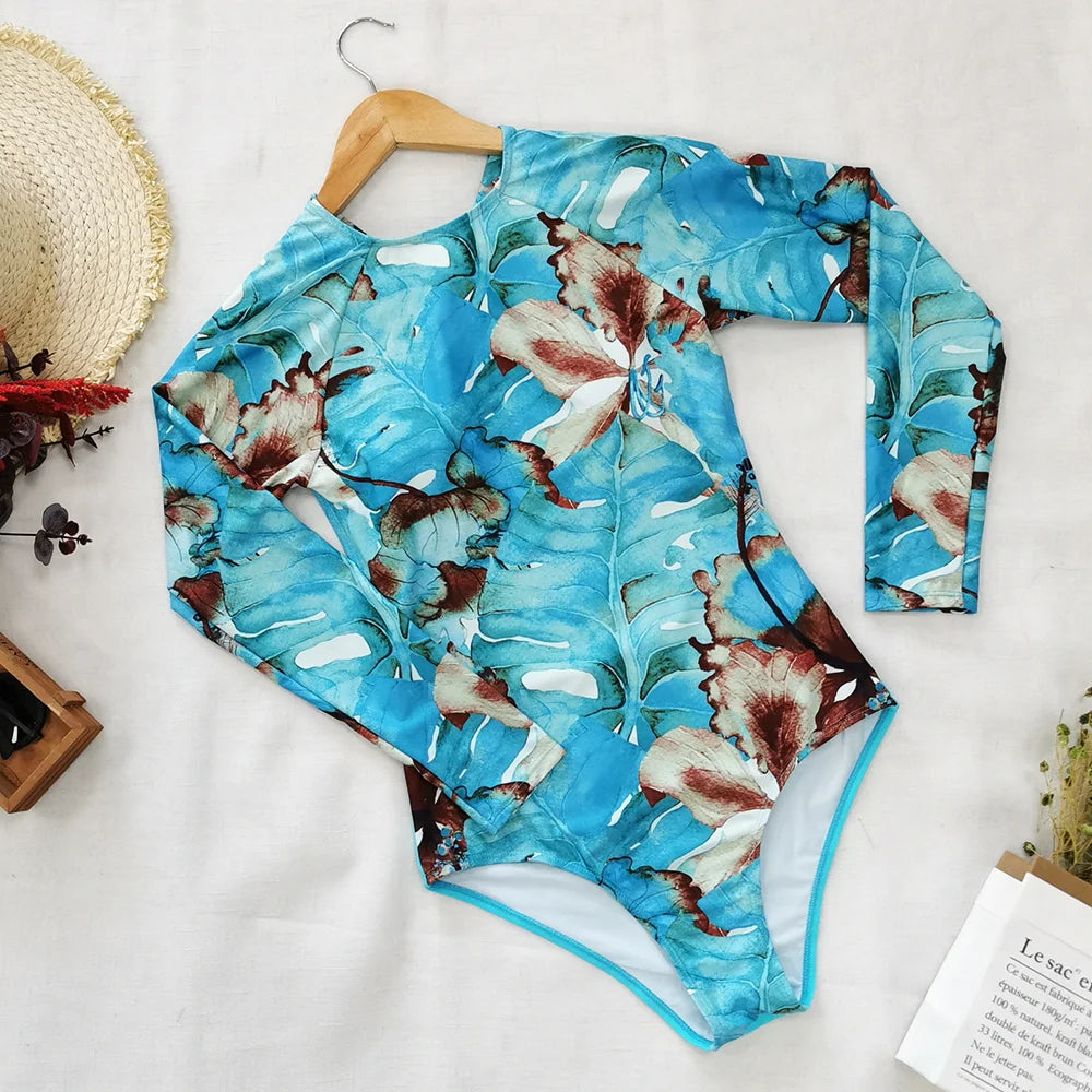 Surfing Sport Long Sleeves Swimsuit For Women Floral Printed High Quality Swimwear Patchwork Bathing Suit Tropical Summer