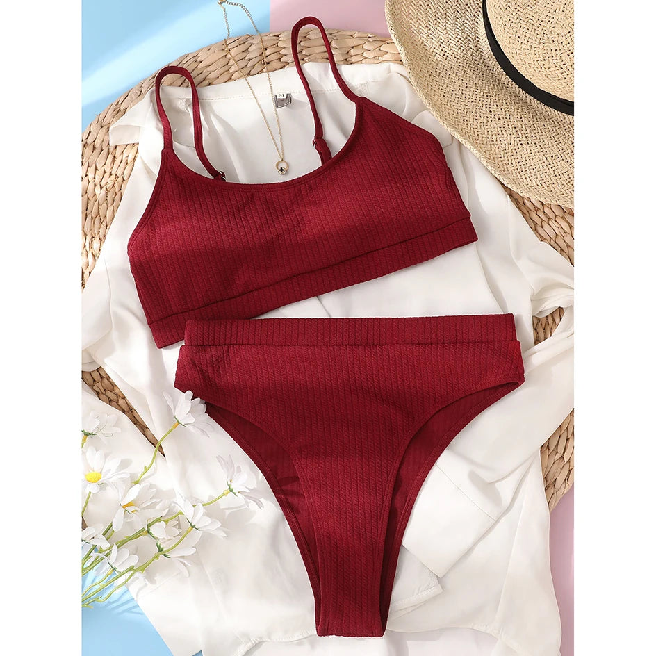 High Waisted Bikini Swimwear Woman Swimsuit Female Ribbed Brazilian Push Up Bikinis Set Bathing Suit Women Beach Wear