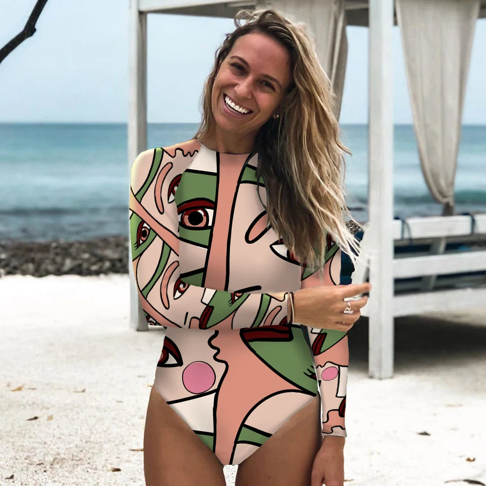 Surfing Sport Long Sleeves Swimsuit For Women Floral Printed High Quality Swimwear Patchwork Bathing Suit Tropical Summer
