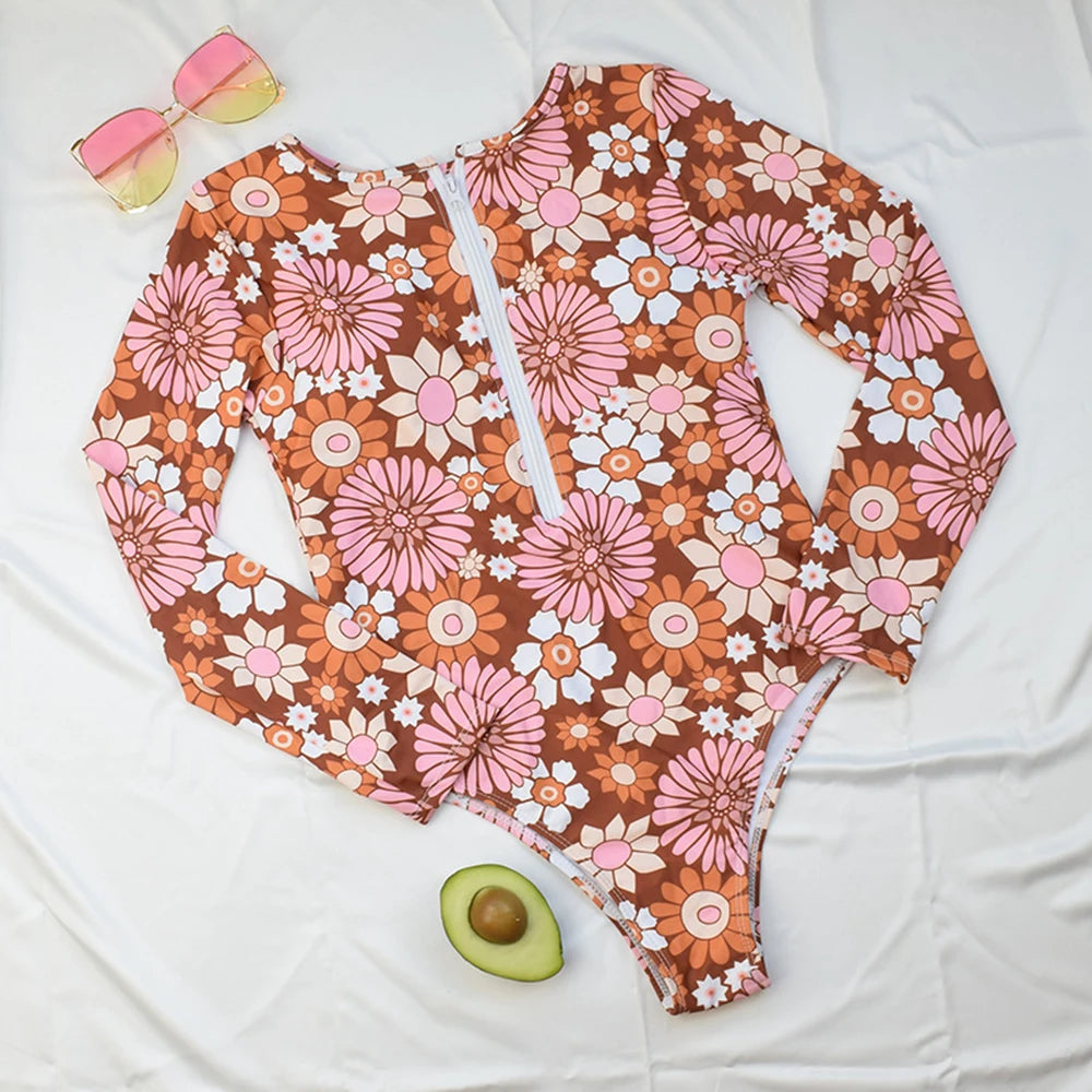 Surfing Sport Long Sleeves Swimsuit For Women Floral Printed High Quality Swimwear Patchwork Bathing Suit Tropical Summer