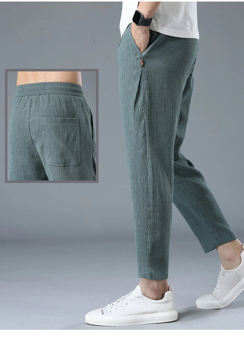 Ice Silk Linen Man Sport Pants Casual Wide Summer Sweatpants Male Drawstring Spring Autumn Lightweight Halking Harem Trousers