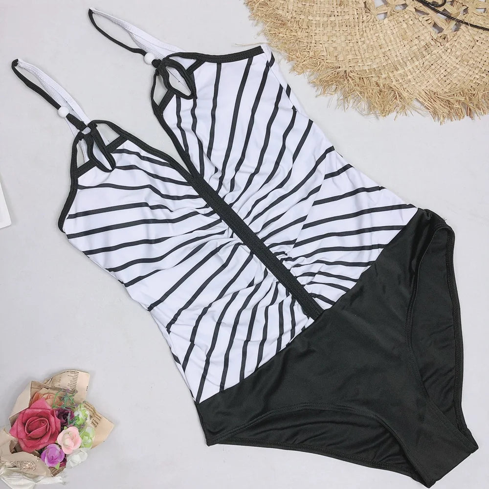 Vintage Swimsuit Women Plus Size One Piece Swimwear Deep V Striped Backless Bathing Suit Tummy Control Monokini Beach