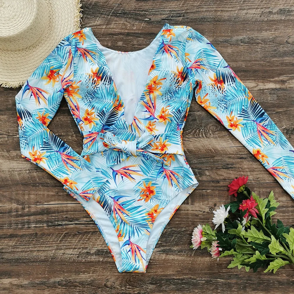 Surfing Sport Long Sleeves Swimsuit For Women Floral Printed High Quality Swimwear Patchwork Bathing Suit Tropical Summer