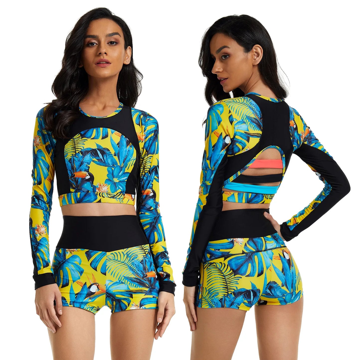 Women Two Pieces Swimsuit Rash Guard Long Sleeve Swimwear Women Bathing Suit Floral Print Swimsuit Surfing Swim Shirts