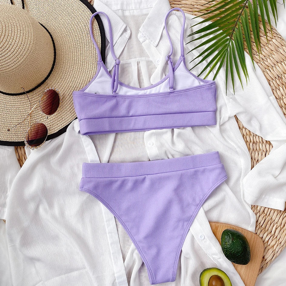 High Waisted Bikini Swimwear Woman Swimsuit Female Ribbed Brazilian Push Up Bikinis Set Bathing Suit Women Beach Wear