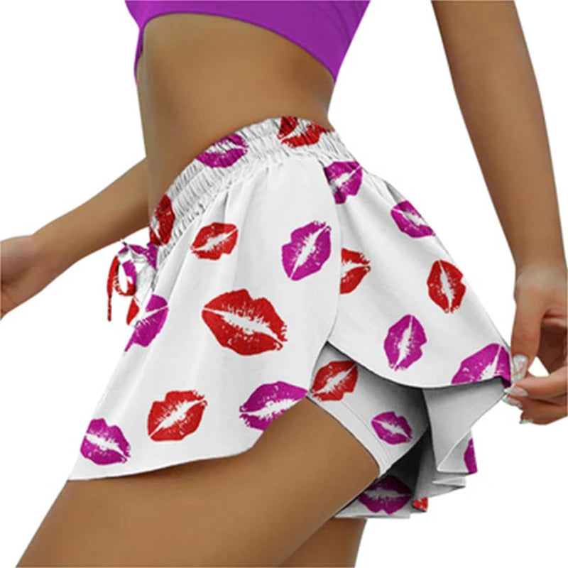Women 2 In 1 Printed pattern Skort Running Shorts Quick Dry Fake Skirt Sexy Gym Workout Short Pants Yoga Shorts Yoga Pant