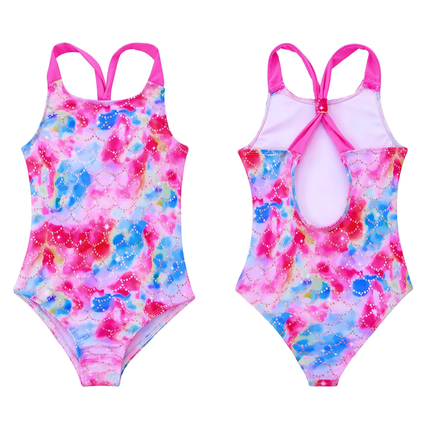 Girls Printed Swimsuit One-Piece Sleeveless Wide Shoulder Straps Sapphire for with Horse And Stars Pattern Printing