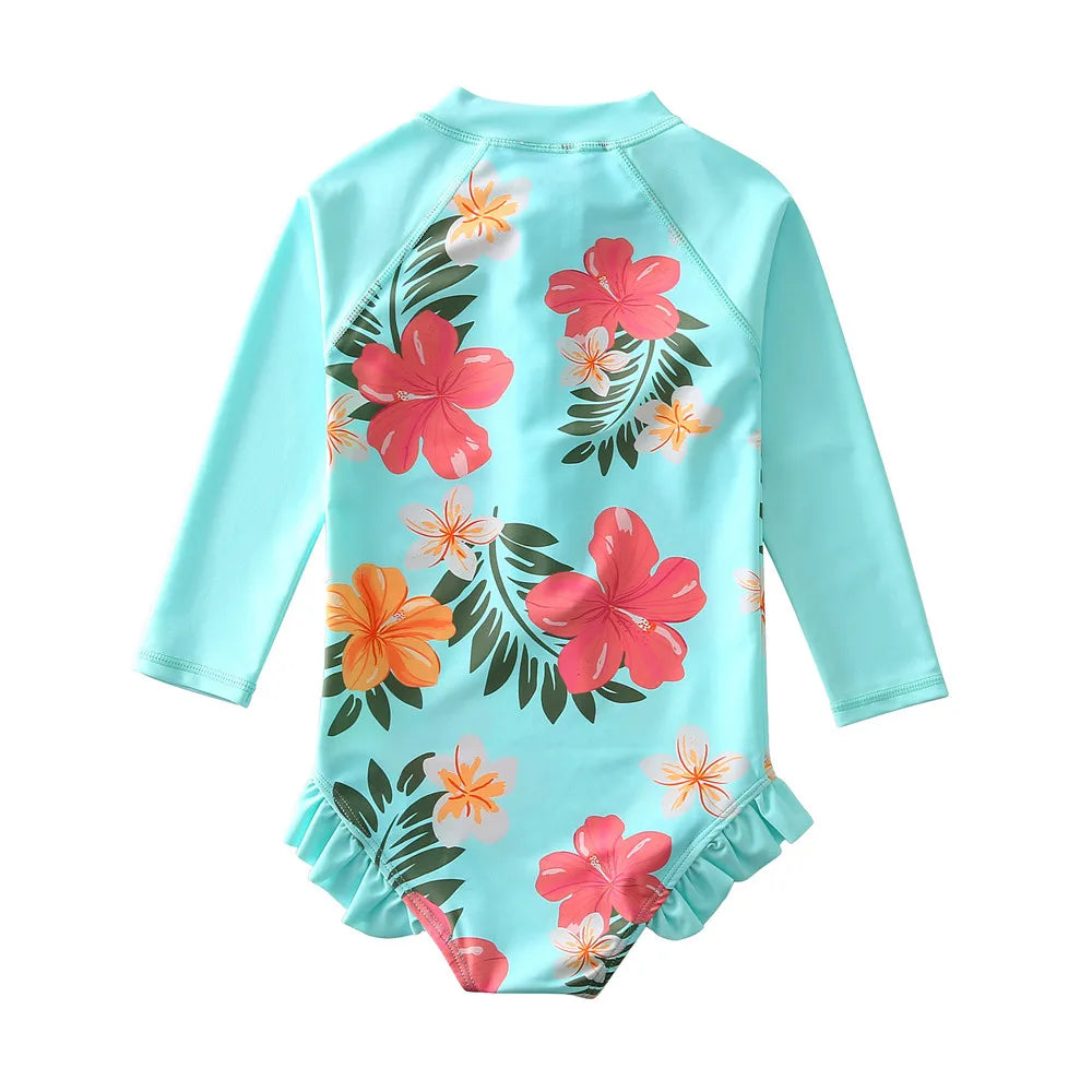 Wishere One Piece Baby Girls Swimsuit UPF50+ Swimwear Sunsuit With Lace Long Sleeve Rash Guard Flower Print Summer Bathing Suit