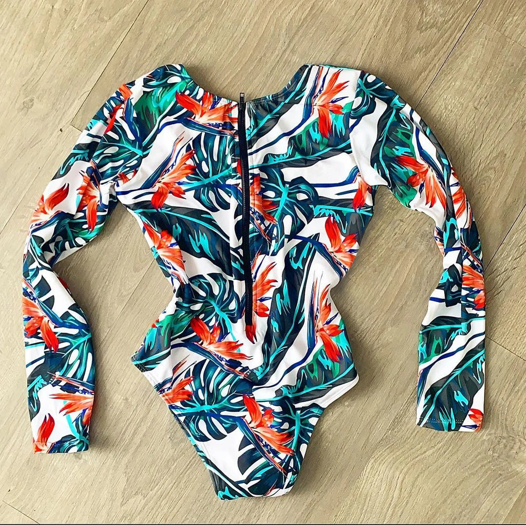 Surfing Sport Long Sleeves Swimsuit For Women Floral Printed High Quality Swimwear Patchwork Bathing Suit Tropical Summer