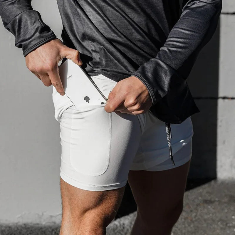 European Men's Sports Summer Double Layer Mobile Phone Pants Gym Exercise Jogging Training Shorts
