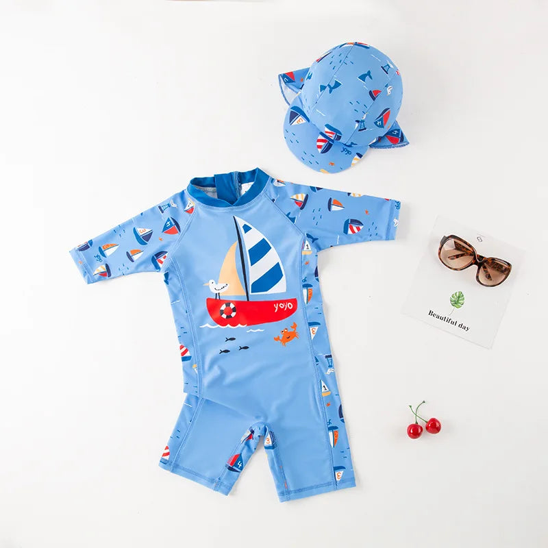2-7 Years Baby Swimsuit One-Piece Children's Swimwear Shark Dinosaur Bodysuit Bathing Suit Kids with Sleeves Anti-UV Boys Swimming Suit
