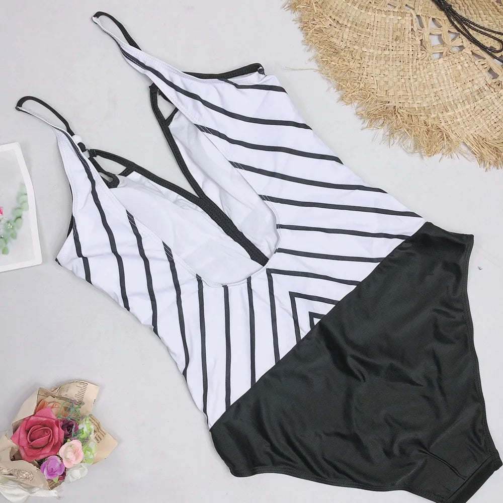Vintage Swimsuit Women Plus Size One Piece Swimwear Deep V Striped Backless Bathing Suit Tummy Control Monokini Beach