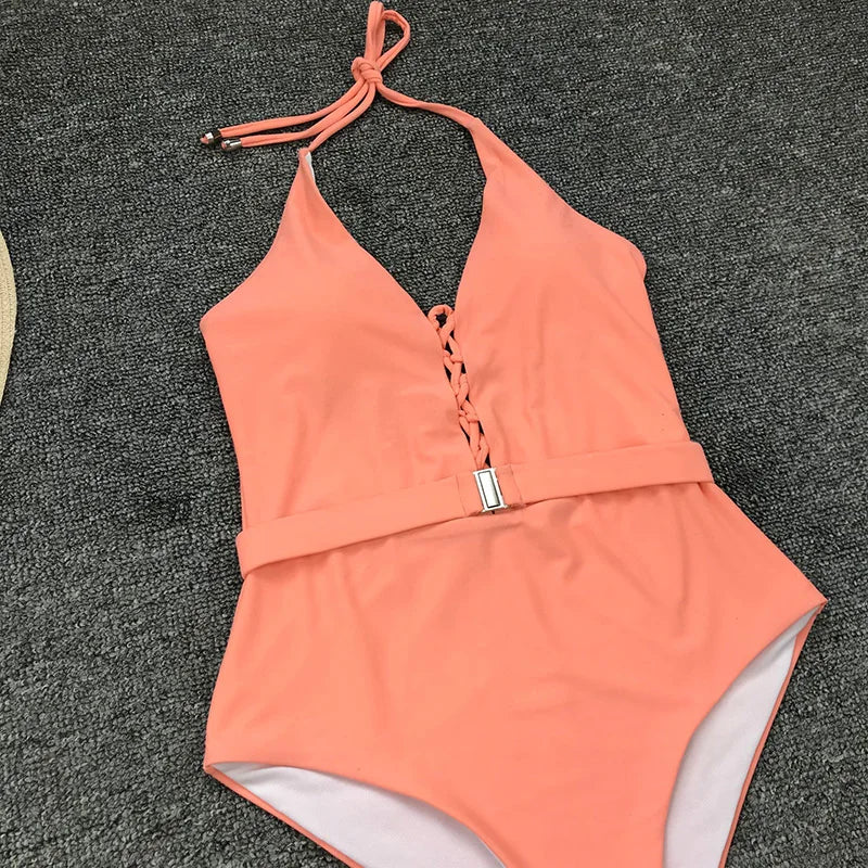 Lace Up Halter Female Swimwear One Piece Swimsuit Women Backless Monokini with Waist Belt Bathing Suit Swim Bodysuit