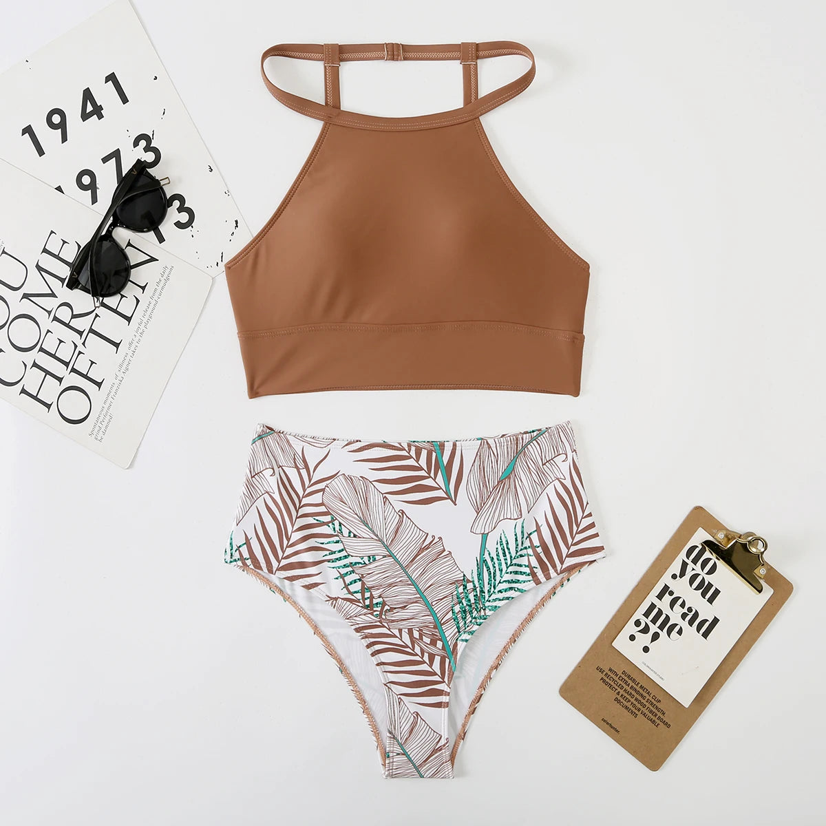 High Waist Bikini Women High Neck Swimsuit Printed Swimwear Female Padded Beachwear Bathers Bathing Swimming Swim Suit