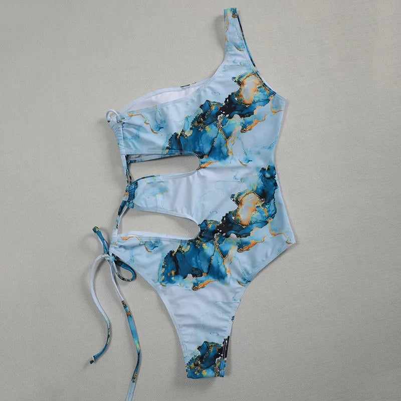 Marble Print One Shoulder Women Swimwear One Piece Swimsuit Female Monokini Bather High Cut Out Bathing Suit Swim
