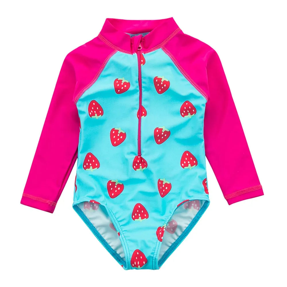 Wishere One-piece Baby Swimsuit Kids Swimwear Long Sleeve Swimming Suits Strawberry Printed Sunsuit Infant Girl's Beachwear