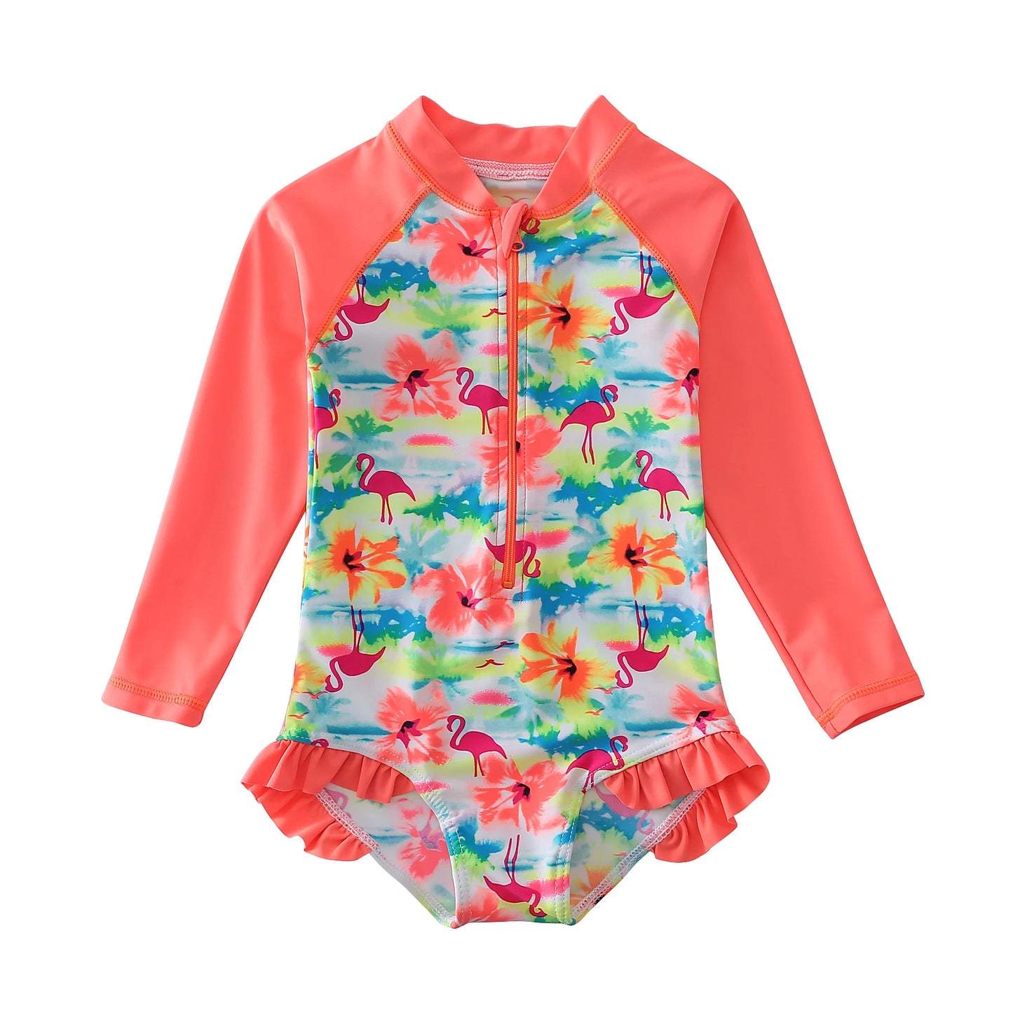 Wishere One Piece Baby Girls Swimsuit UPF50+ Swimwear Sunsuit With Lace Long Sleeve Rash Guard Flower Print Summer Bathing Suit