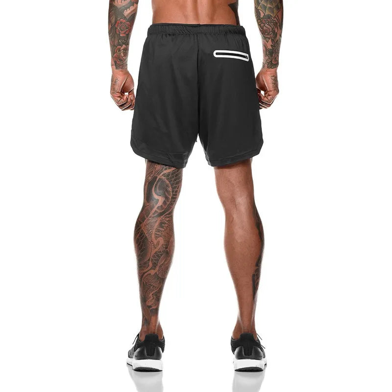 European Men's Sports Summer Double Layer Mobile Phone Pants Gym Exercise Jogging Training Shorts
