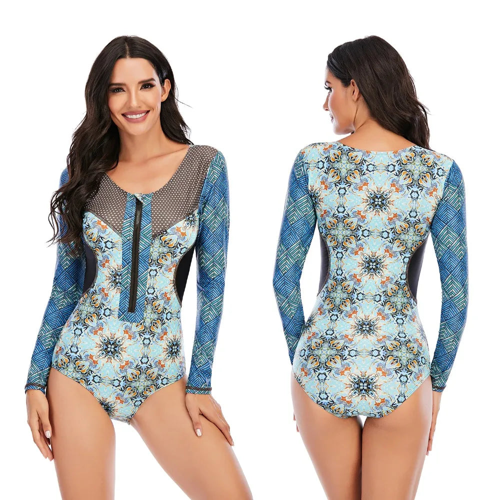Women 2XL Diving Rashguard Long Sleeve UV Sun Protection Swimsuit Zipper Swimwear Printed Surfing Suit Rash Guards Bathing Suit
