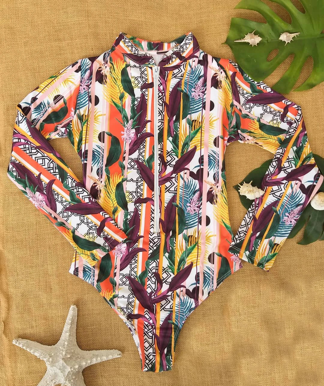 Surfing Sport Long Sleeves Swimsuit For Women Floral Printed High Quality Swimwear Patchwork Bathing Suit Tropical Summer