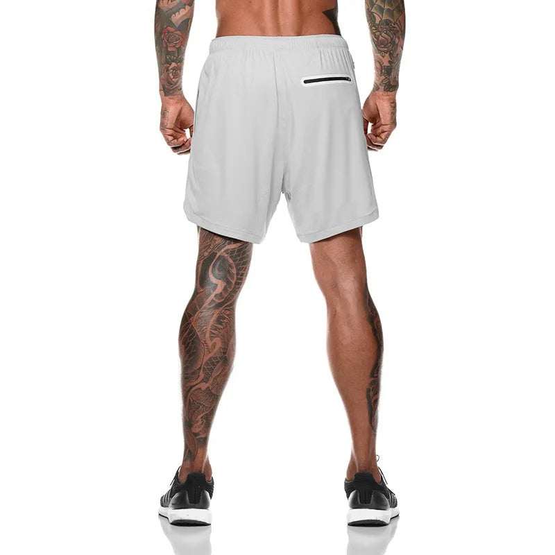 European Men's Sports Summer Double Layer Mobile Phone Pants Gym Exercise Jogging Training Shorts