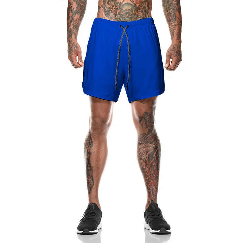 European Men's Sports Summer Double Layer Mobile Phone Pants Gym Exercise Jogging Training Shorts