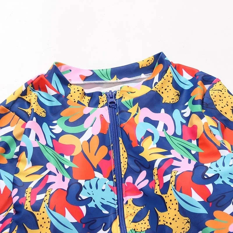 Multicoloured Leaf Designs Long Sleeve One-Piece Swimsuit Swimwear Rash Guard