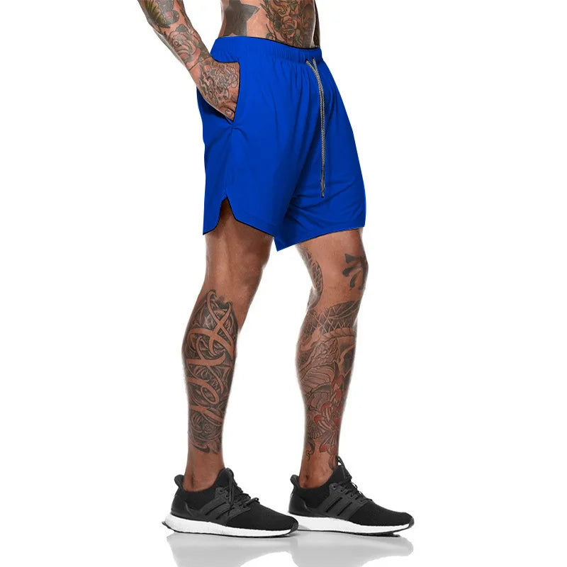 European Men's Sports Summer Double Layer Mobile Phone Pants Gym Exercise Jogging Training Shorts