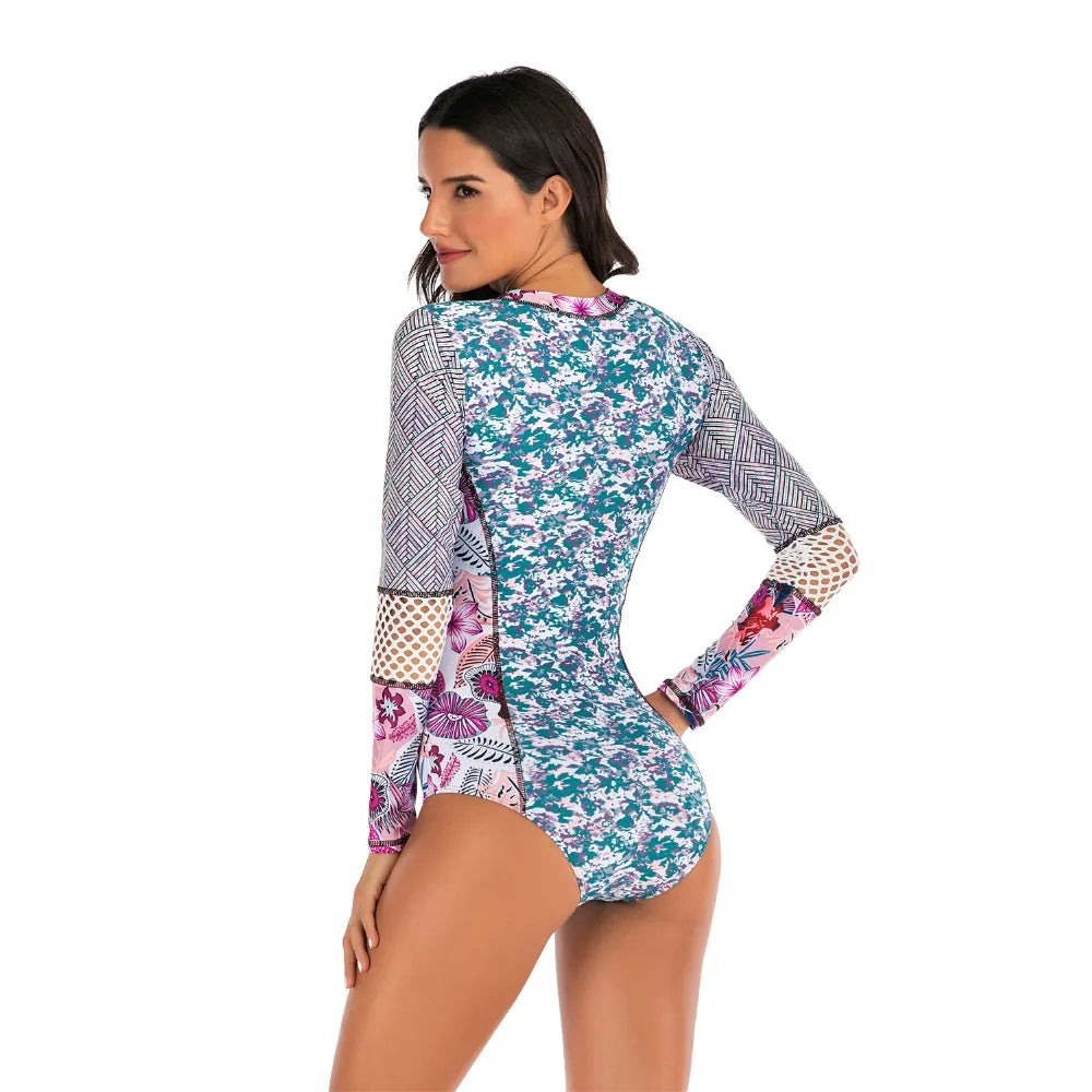 Female One-piece Wetsuit Long Sleeve Swimsuit Surfing Swimwear Women Jumpsuit Zip Front Swimsuit Diving Snorkeling Rash guard 2XL