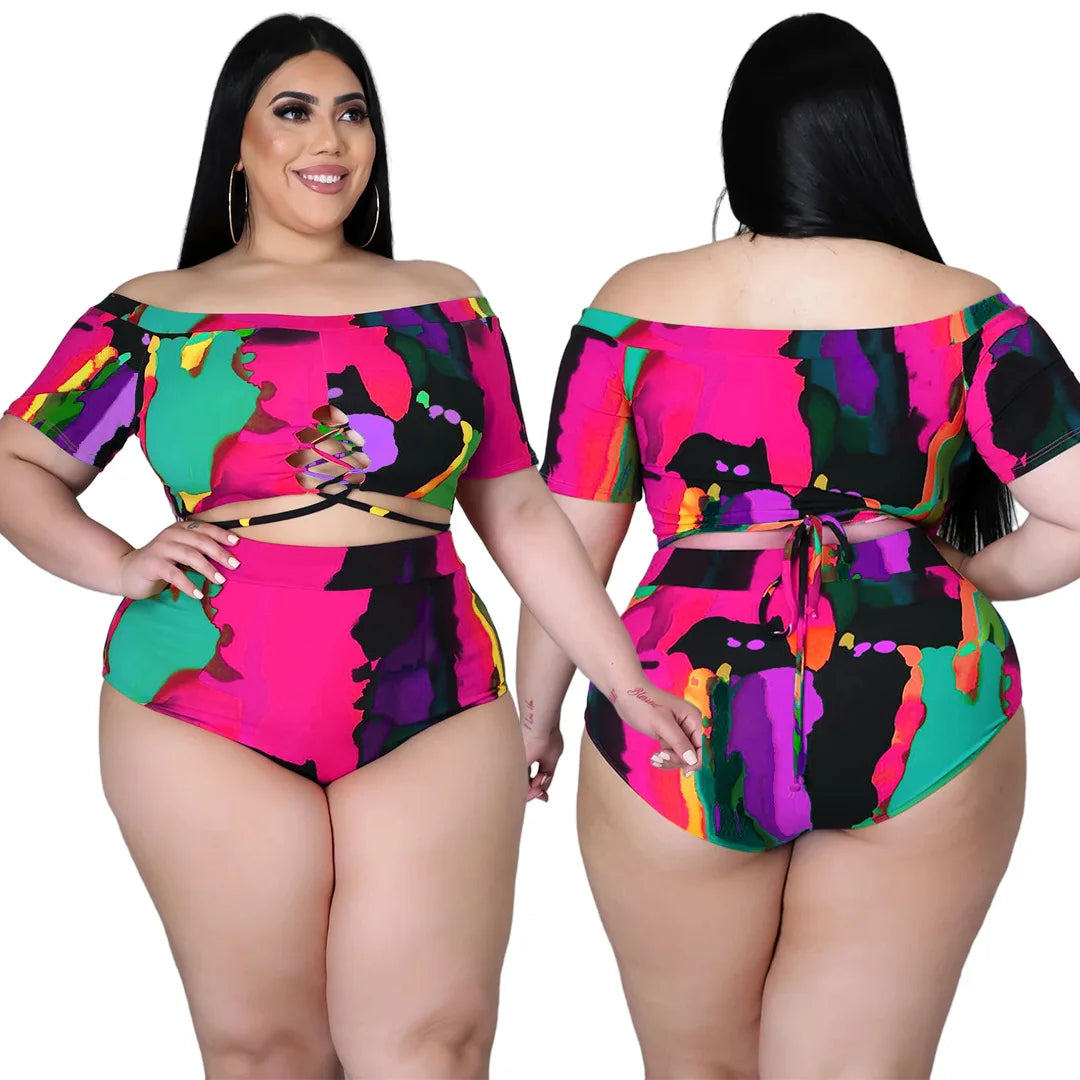 XL-5XL Plus Size two piece Bikini set Swimsuit summer printing Bandage top and shorts outfits women