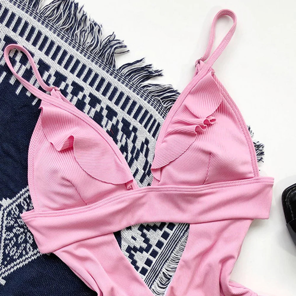 Ruffle One Piece Swimsuit Deep V Hollow Swimwear Women Backless Monokini Solid Bathing Suit Beachwear