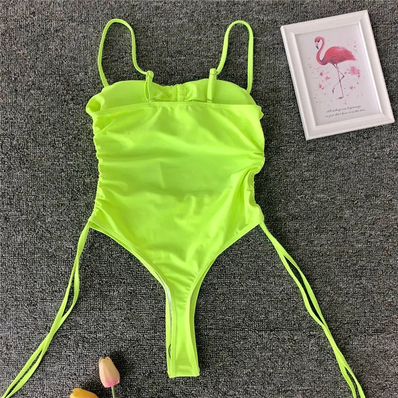 Splicing High Cut Out One Piece Swimsuit Women Tassel Swimwear Female Bathing Suit String Leopard Bikini Monokini Lady