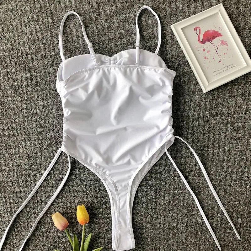 Splicing High Cut Out One Piece Swimsuit Women Tassel Swimwear Female Bathing Suit String Leopard Bikini Monokini Lady