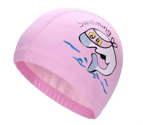 Kids Children Swimming Cap Waterproof PU Fabric Cute Cartoon Animal Dolphin Protect Ears Long Hair Boys Girls Swim Pool Caps Hat