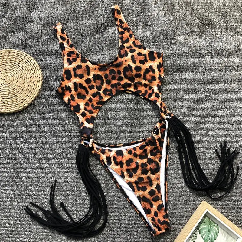 Splicing High Cut Out One Piece Swimsuit Women Tassel Swimwear Female Bathing Suit String Leopard Bikini Monokini Lady