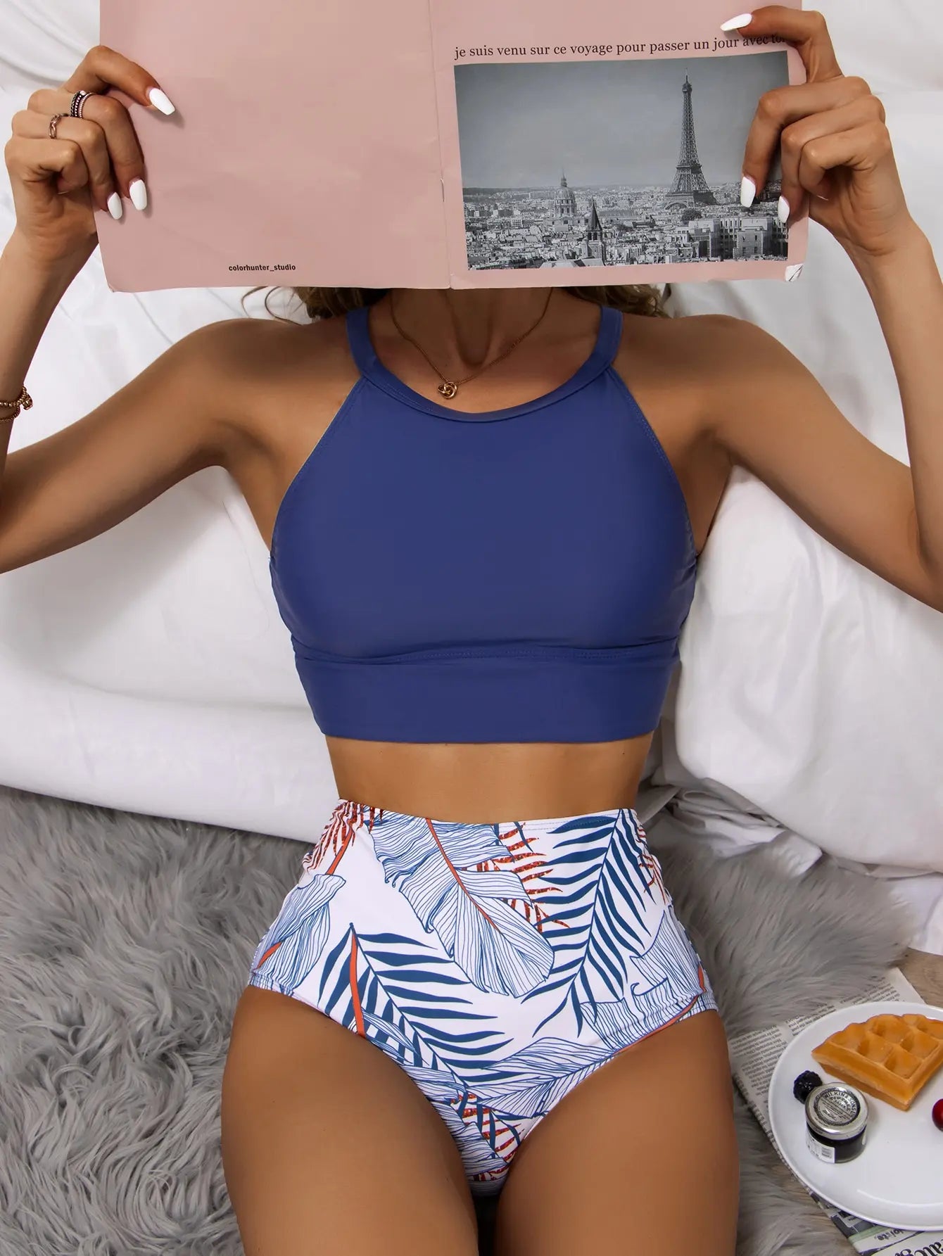 High Waist Bikini Women High Neck Swimsuit Printed Swimwear Female Padded Beachwear Bathers Bathing Swimming Swim Suit