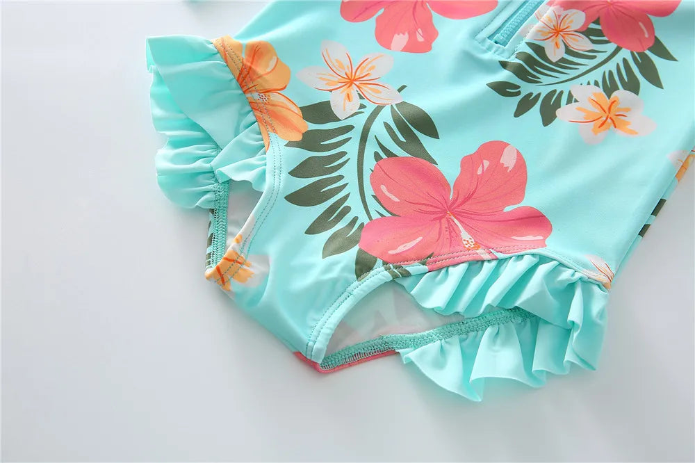 Wishere One Piece Baby Girls Swimsuit UPF50+ Swimwear Sunsuit With Lace Long Sleeve Rash Guard Flower Print Summer Bathing Suit