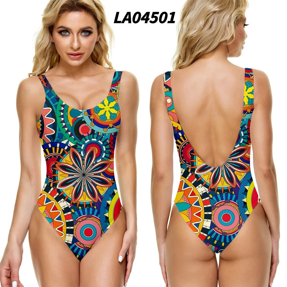 Diamond Pattern Swimwear Women One-piece Swimsuit Bohemia Swimsuit Female Swimming  V-neck Swim Wear