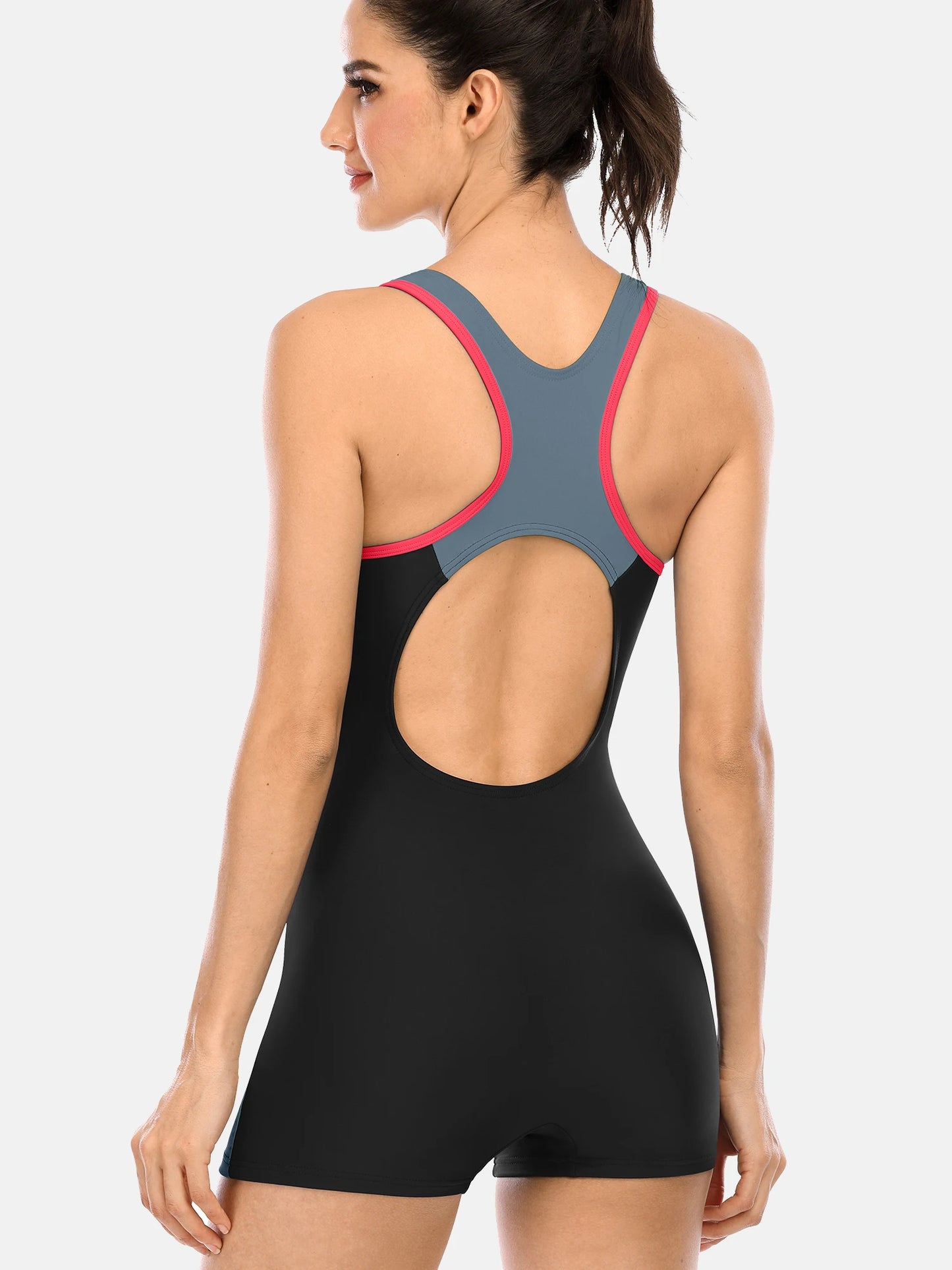 Attraco One Piece Women Sports Swimwear Sports Swimsuit Colorblock Swimwear Open Back Beach Wear Sports Bathing Suits