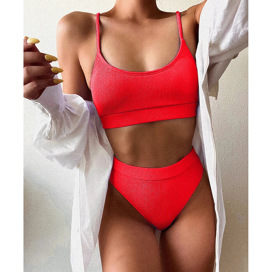 High Waisted Bikini Swimwear Woman Swimsuit Female Ribbed Brazilian Push Up Bikinis Set Bathing Suit Women Beach Wear