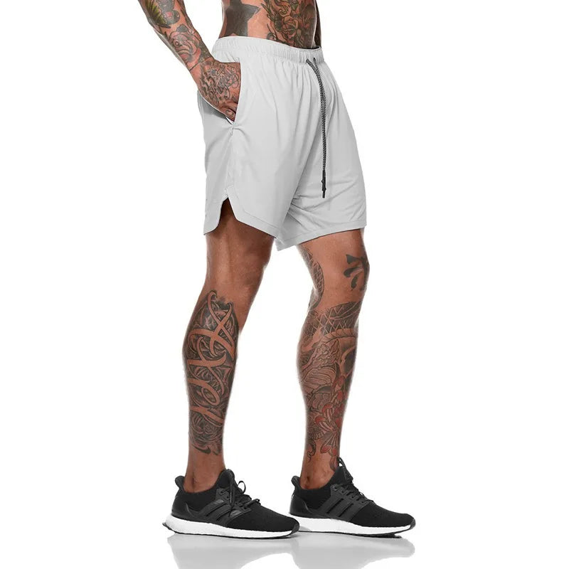 European Men's Sports Summer Double Layer Mobile Phone Pants Gym Exercise Jogging Training Shorts