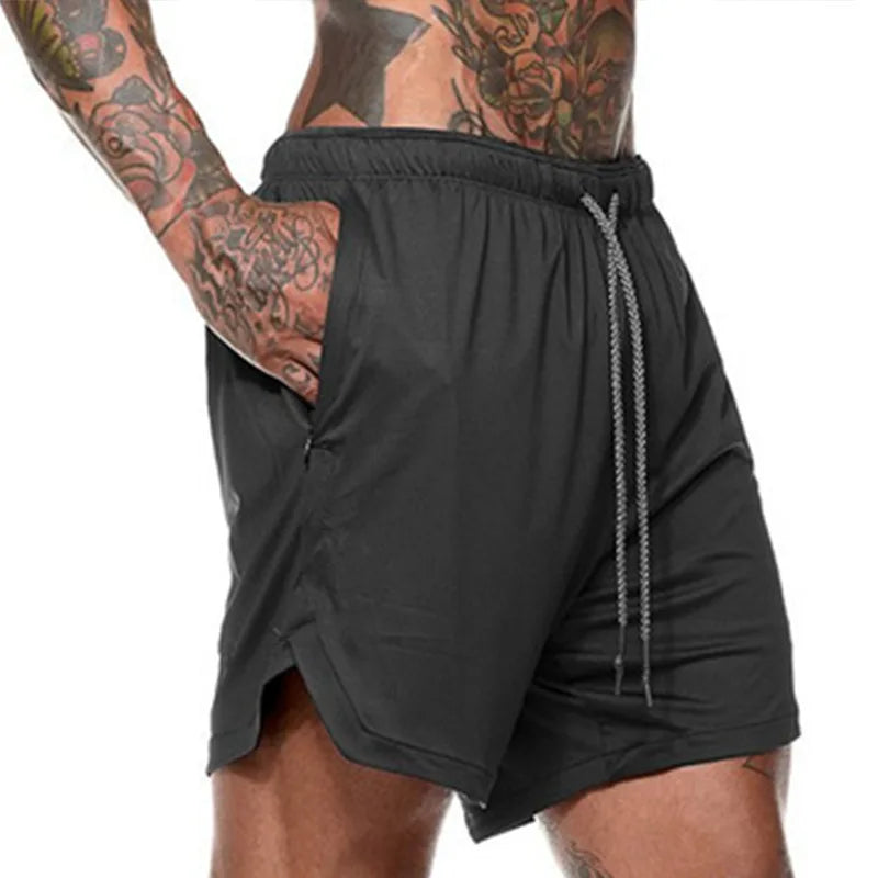 European Men's Sports Summer Double Layer Mobile Phone Pants Gym Exercise Jogging Training Shorts