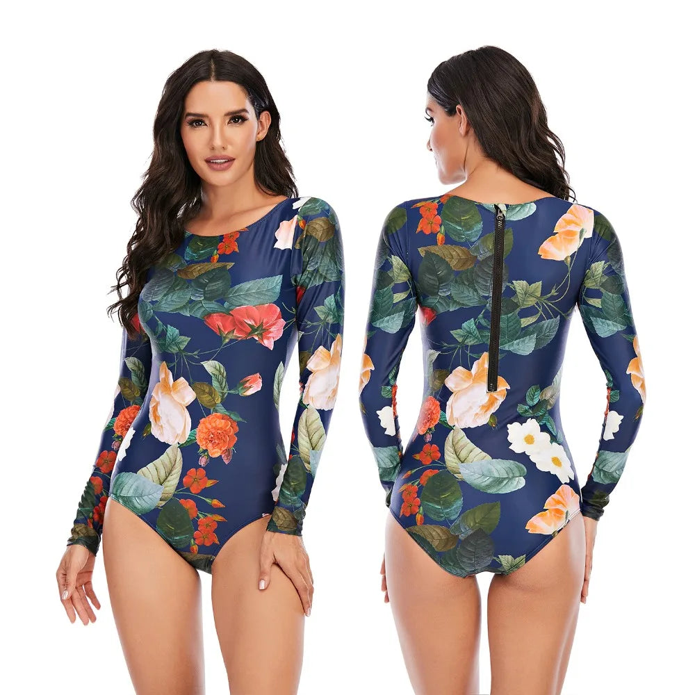 Women 2XL Diving Rashguard Long Sleeve UV Sun Protection Swimsuit Zipper Swimwear Printed Surfing Suit Rash Guards Bathing Suit
