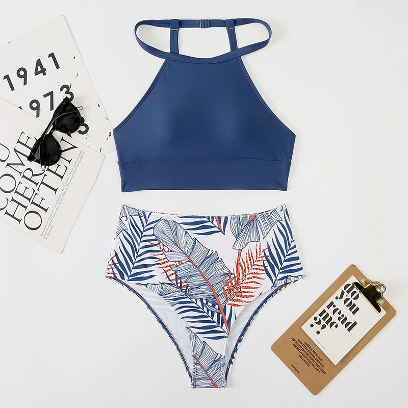 High Waist Bikini Women High Neck Swimsuit Printed Swimwear Female Padded Beachwear Bathers Bathing Swimming Swim Suit