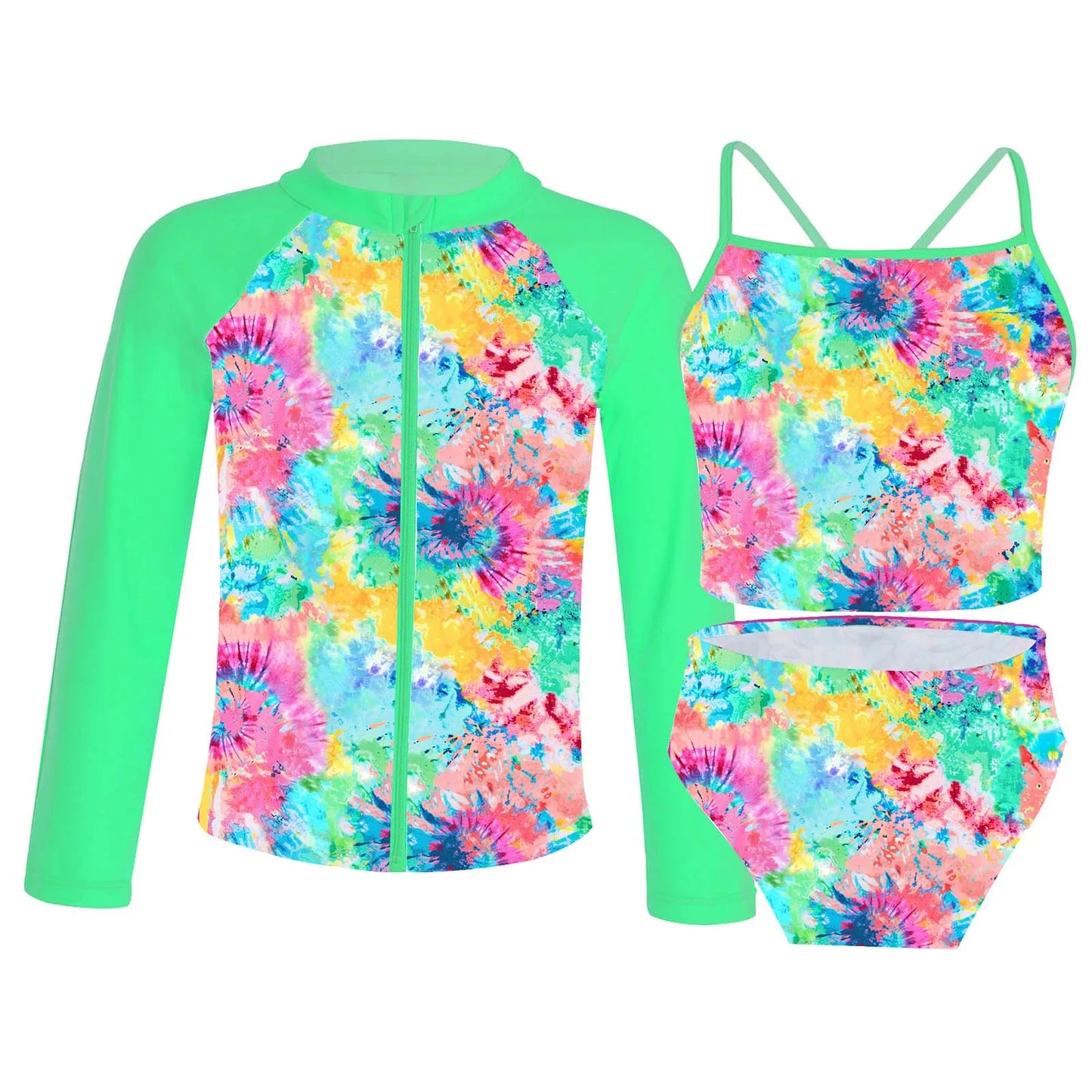 3PCS Kids Girls Swimsuits Beachwear Floral Printed Zippered Long Sleeve Coat with Bikini Briefs Swimsuit Swimwear Bathing Suits