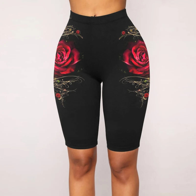 Yoga Shorts Women Casual Rose Print Shorts High Waist Skinny Knee-length Legging Fitness Workout Female Leggings