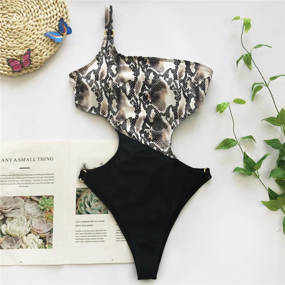 One Shoulder Swimwear Women One Piece Swimsuit Female Snake Print Monokini High Waist Bathing Suit Swim