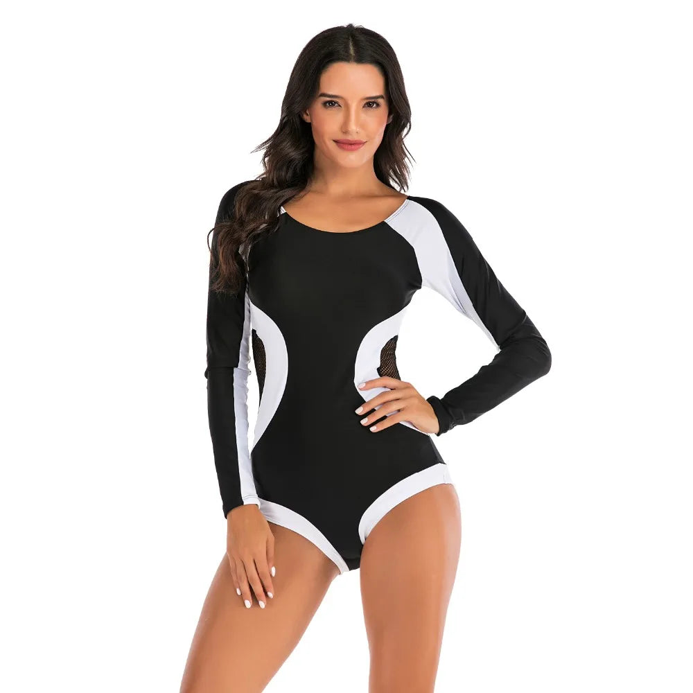 Female One-piece Wetsuit Long Sleeve Swimsuit Surfing Swimwear Women Jumpsuit Zip Front Swimsuit Diving Snorkeling Rash guard 2XL